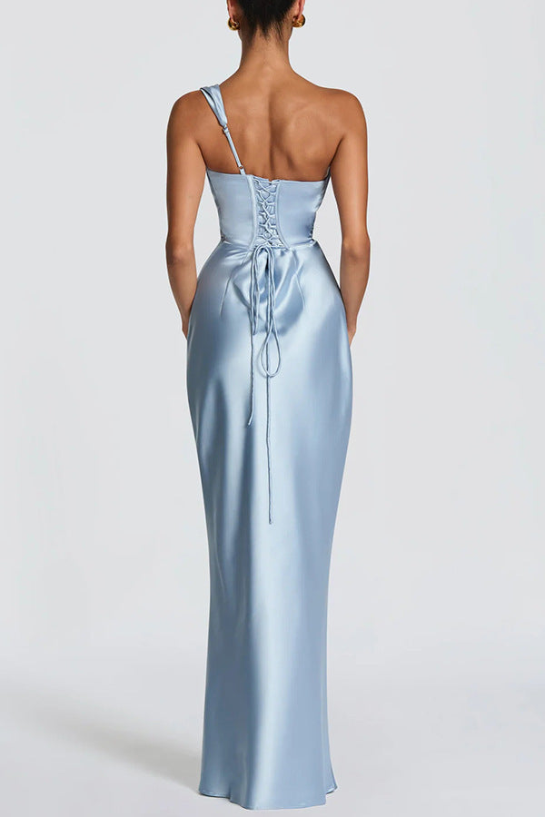 Women's Satin Off-Shoulder Ruched Bodycon Maxi Dress