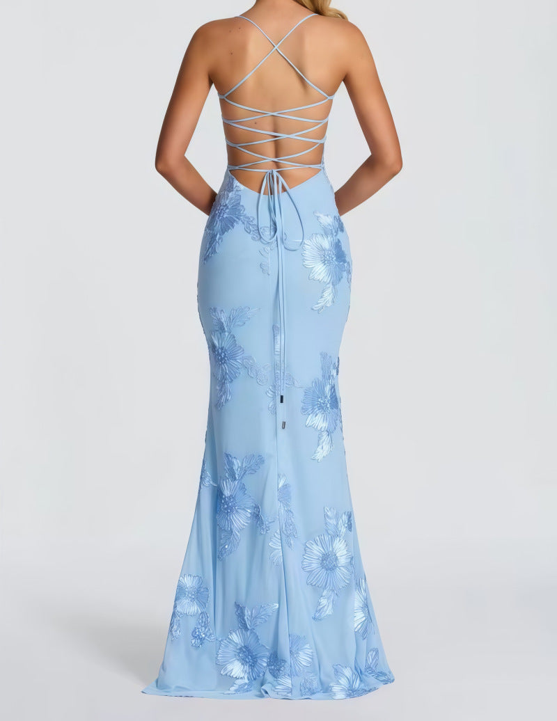 Women's Embroidered Maxi Dress Corset Bustier Mesh Mermaid Formal