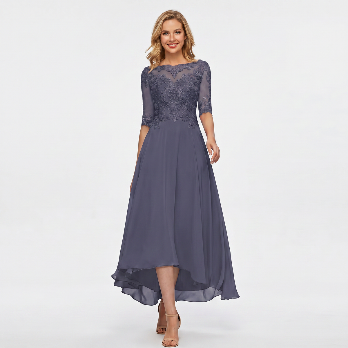 Women's Formal Dress – Lace Appliqué Bodice Chiffon Hi-Lo Maxi Skirt