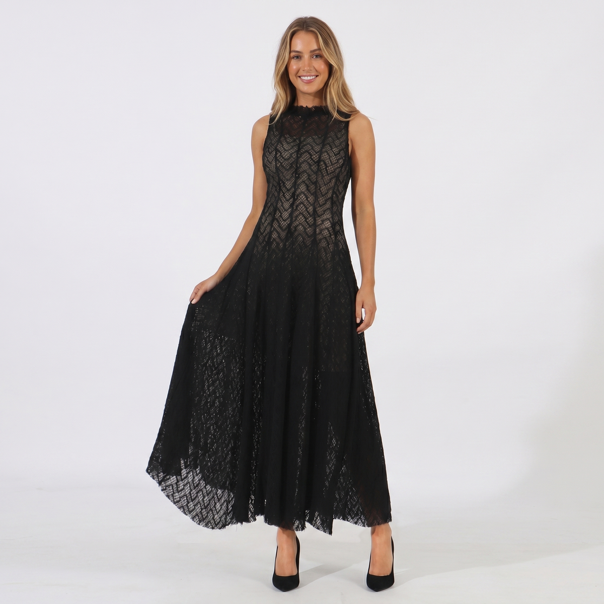 Women's Lace Dress – Geometric Chevron Maxi A-Line Mock Neck