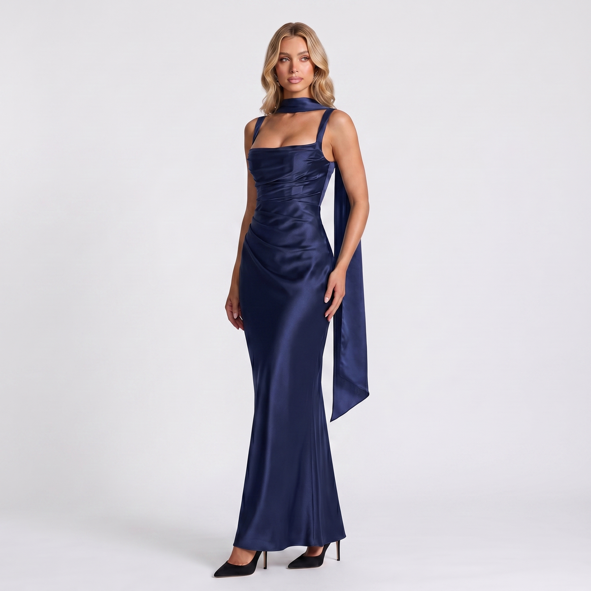 Women's Formal Maxi Dress – Satin Ruched Square Neck Tulle Scarf Gown