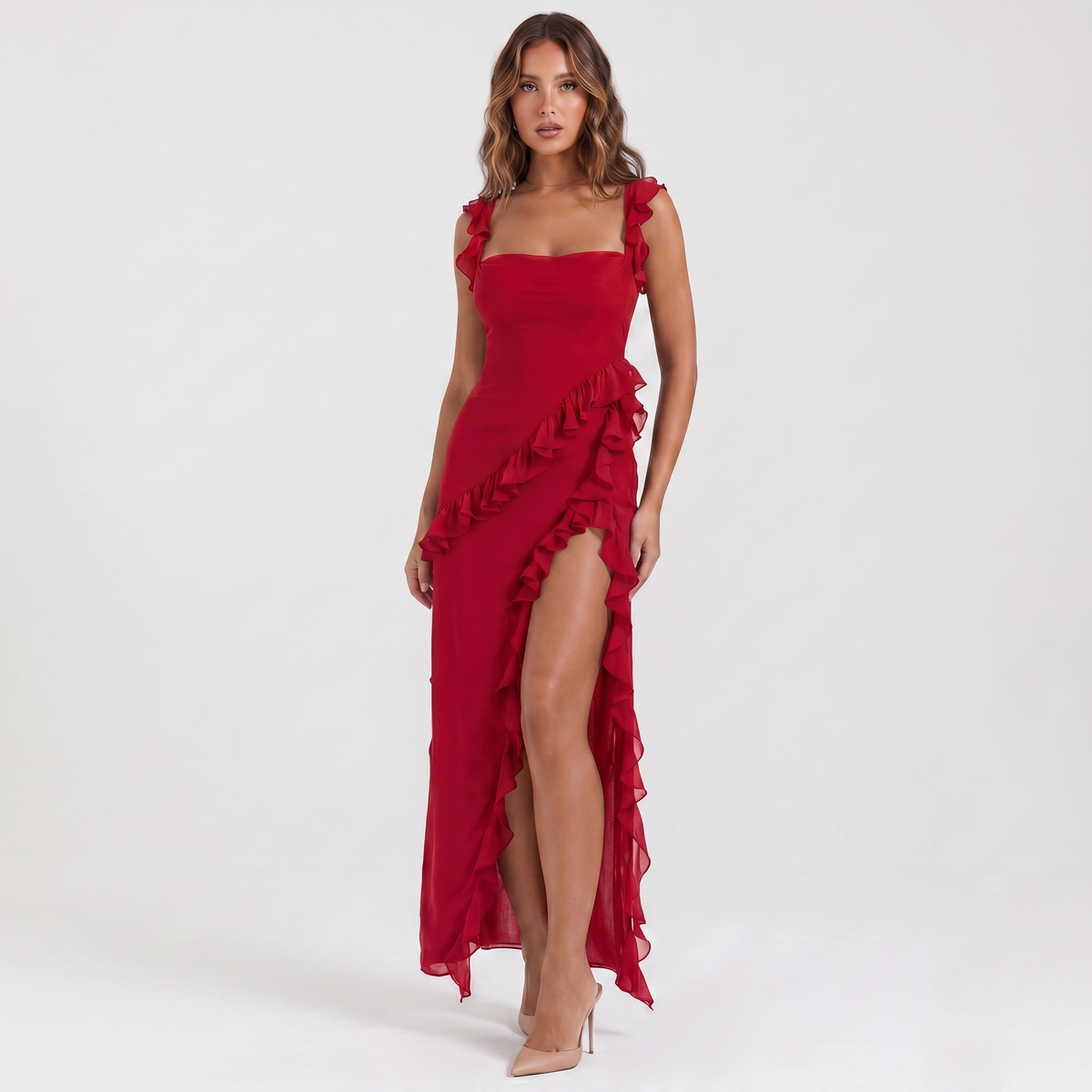 Women's Formal Maxi Dress – Chiffon Ruffle Cascade Asymmetric Split