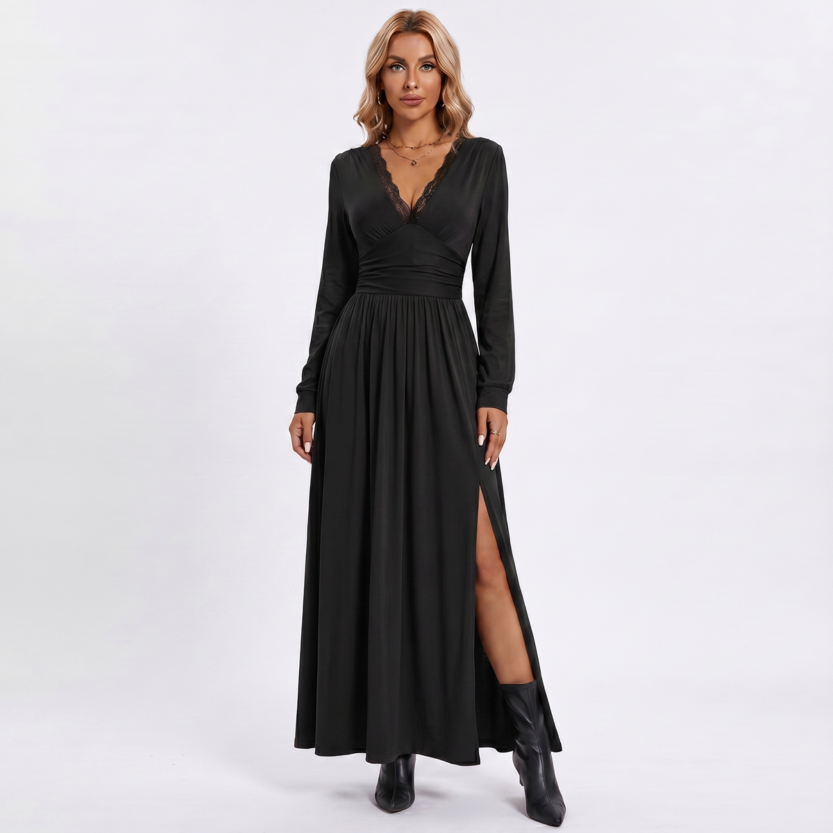 Women's Full Sleeves Winter Dress – Lace Trim V-Neck Ruched Waist Maxi Split