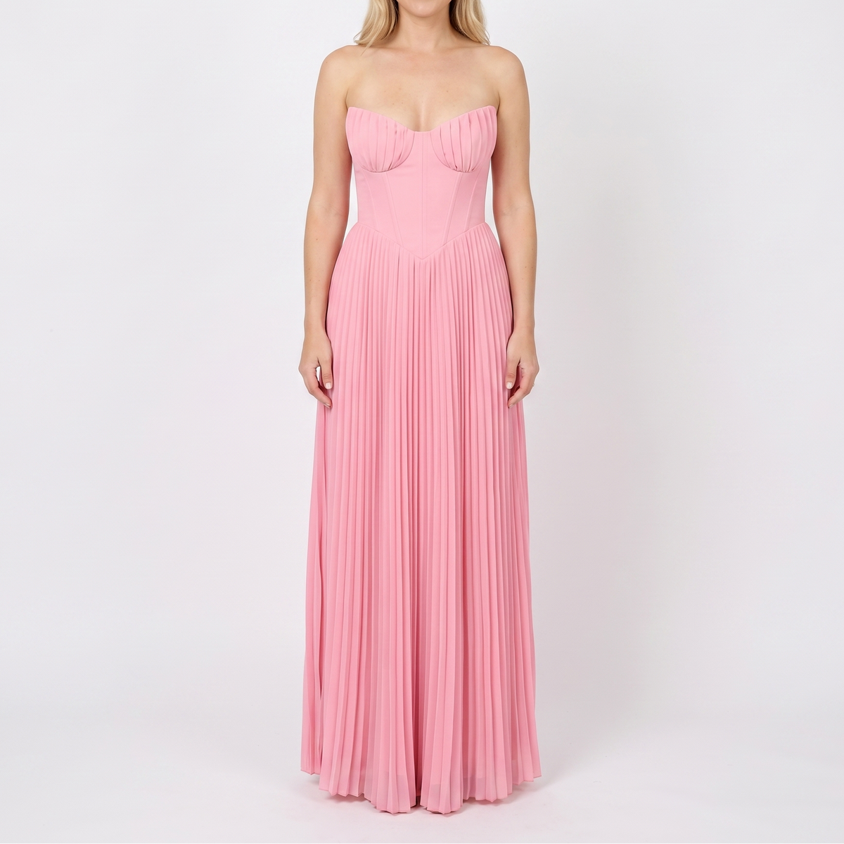 Women's Strapless Maxi Dress Bustier Bodice Pleated Skirt Formal
