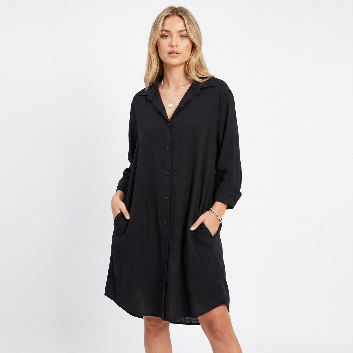 Women's Linen Shirt Dress Button-Down Knee Length Relaxed Fit
