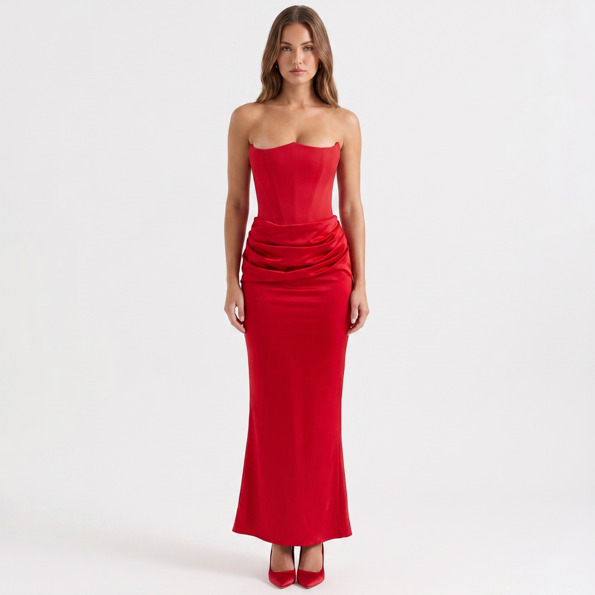 Women's Strapless Corset Maxi Dress Ruched Satin Bodycon Formal Evening