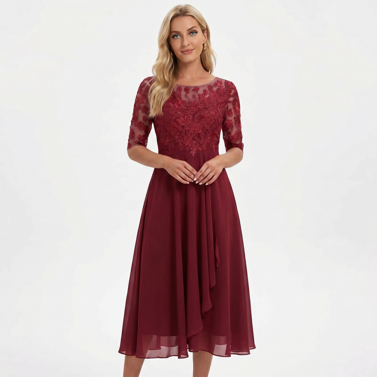 Women's Lace Bodice Midi Dress Half Sleeve Chiffon A Line Wedding
