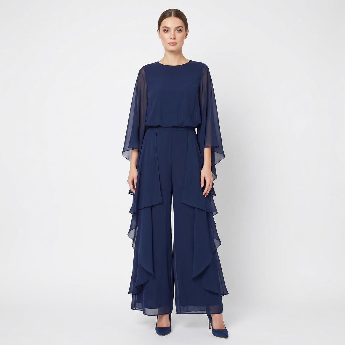 Women's Chiffon Cape Sleeve Maxi Dress Ruffle Side Batwing Formal Evening Gown