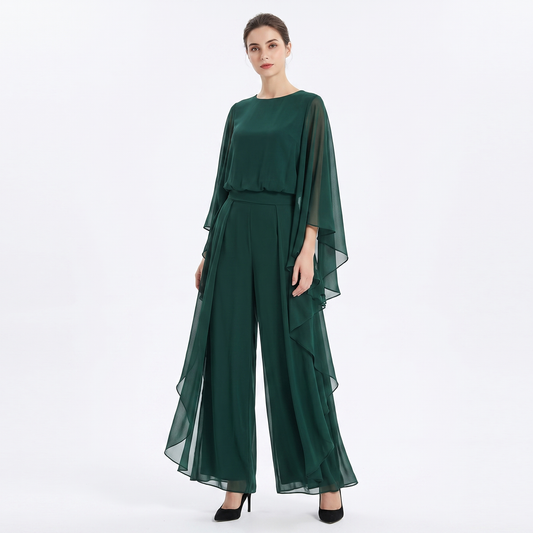 Women's Chiffon Cape Sleeve Maxi Dress Ruffle Side Batwing Formal Evening Gown