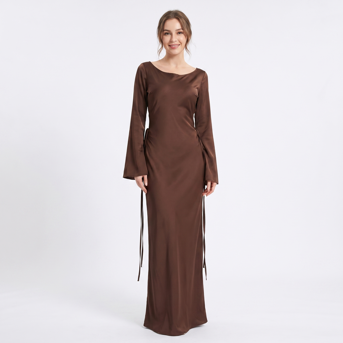 Women's Satin Maxi Dress Long Flared Sleeve Boat Neck Bodycon Slip