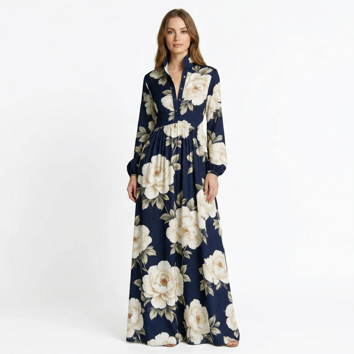 Women's Geometric Print Maxi Shirt Dress Long Sleeve Button Down