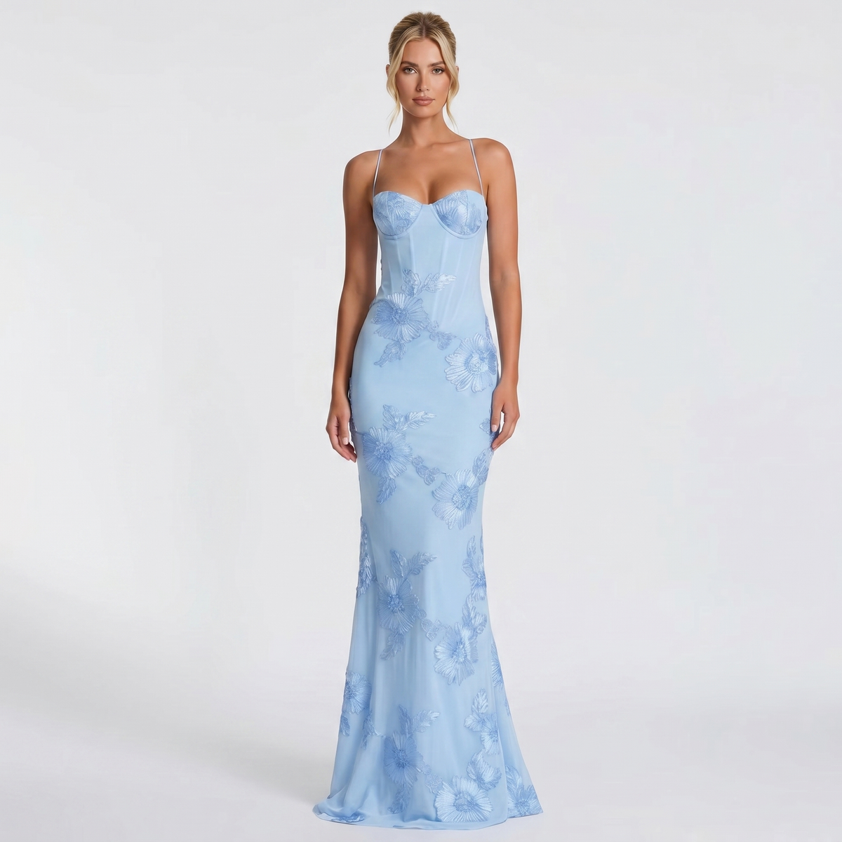 Women's Floral Lace Applique Corset Maxi Dress Spaghetti Strap Mermaid