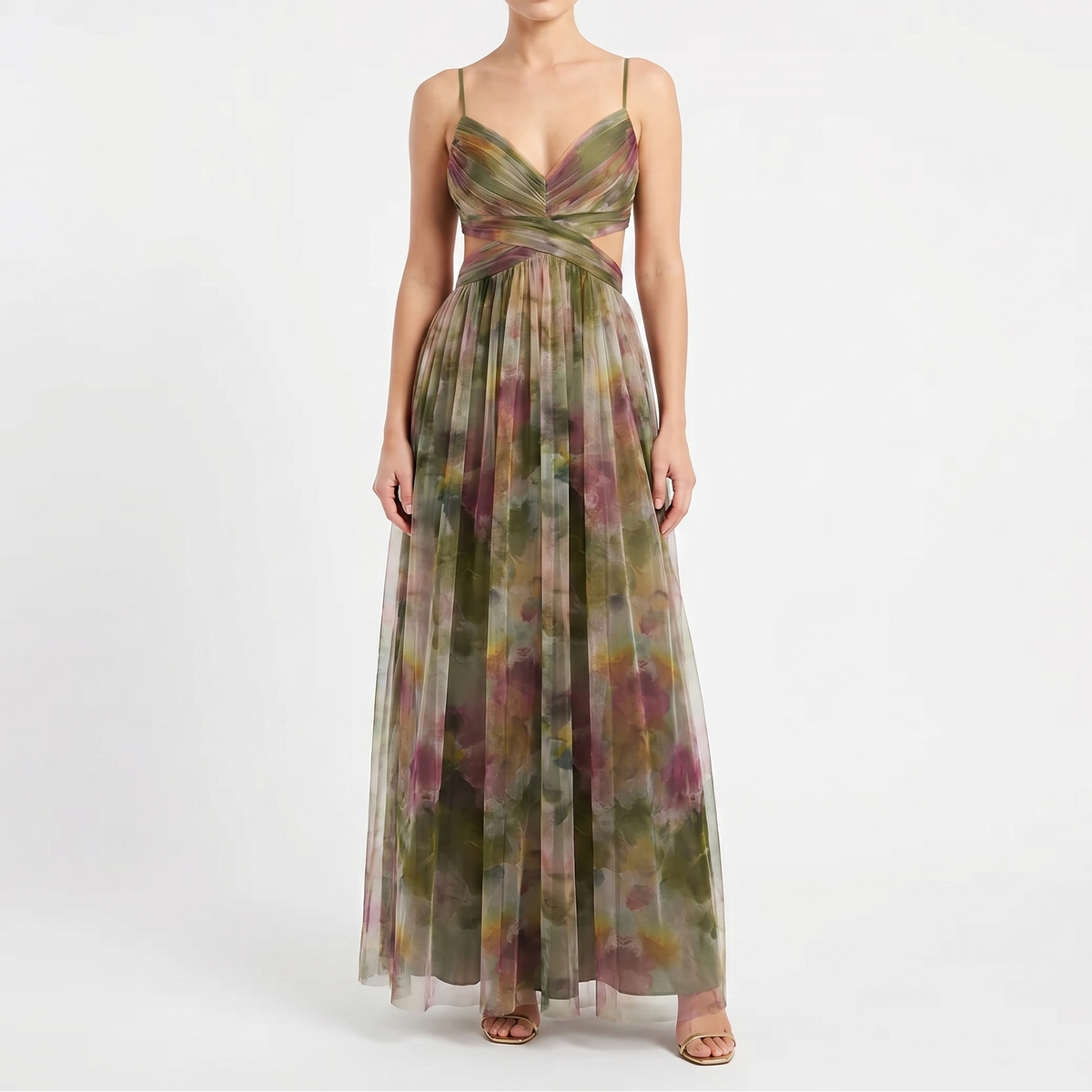 Women's Floral Tulle Maxi Dress V Neck Spaghetti Strap Formal Gown