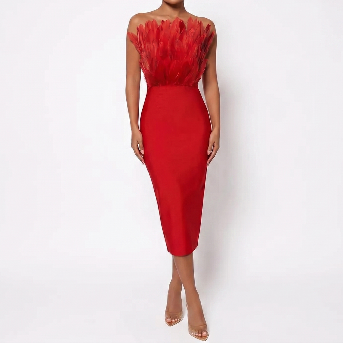 Women's Feather Trim Midi Dress Strapless Bandeau Bodycon Party