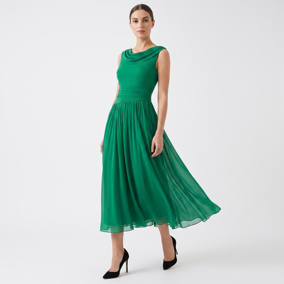 Women's Chiffon Pleated A-Line Midi Dress Sleeveless Cowl Neck Elegant Dress