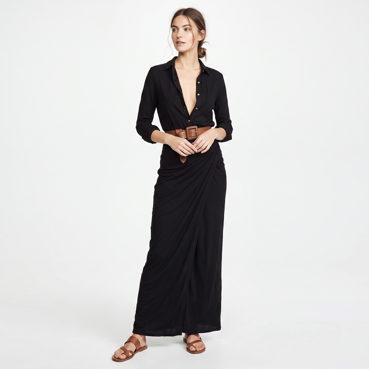 Women's Belted Maxi Shirt Dress Long Sleeve Wrap Skirt Deep V Neck