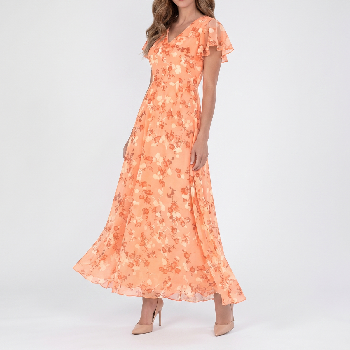 Women's Floral Chiffon Maxi Dress Flutter Sleeve V-Neck Wedding Guest