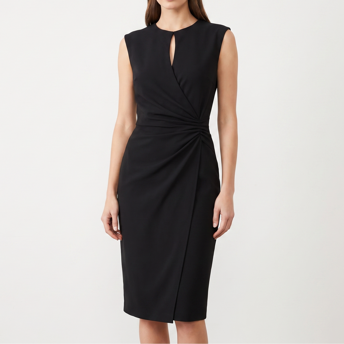 Women's Ruched Midi Dress Sleeveless Keyhole Neck Wrap Skirt Work
