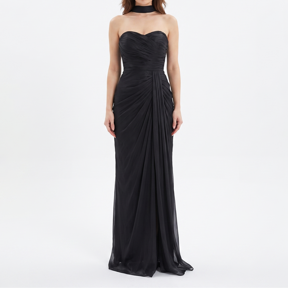 Women's Strapless Maxi Dress Sweetheart Draped Scarf Formal Gown