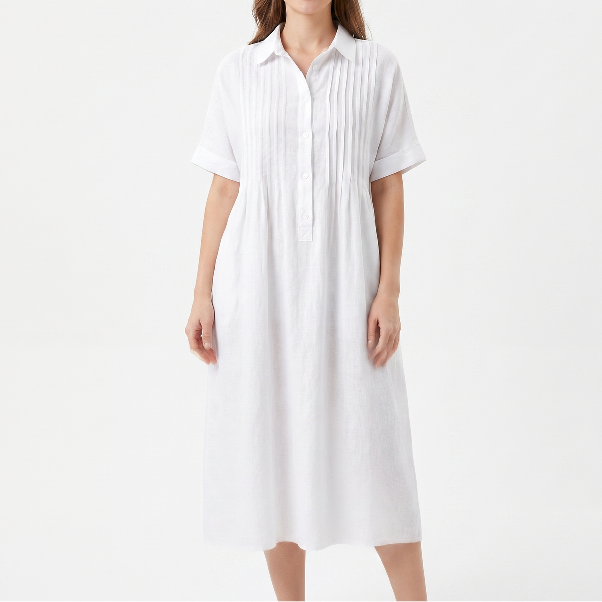 Women's Linen Shirt Dress Pintuck Button Front Short Sleeve Midi