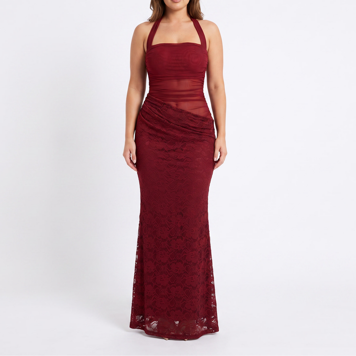 Women's Halter Neck Lace Panel Ruched Mermaid Maxi Dress