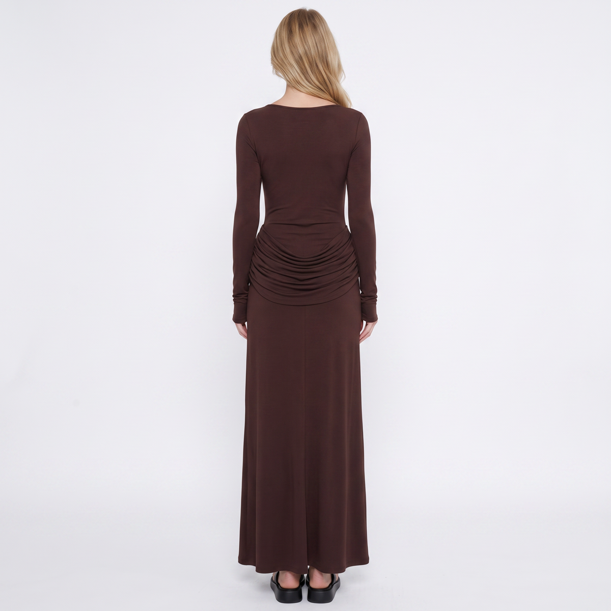 Women's Ruched Long Sleeve Maxi Dress with High Side Slit