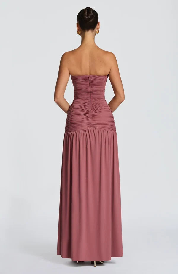 Women's Strapless Maxi Dress Ruched Bodice Thigh Split Evening