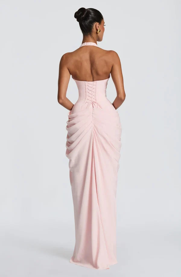 Women's Halter Neck Ruched Maxi Dress with High Slit