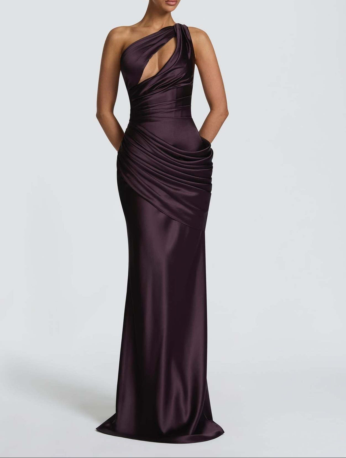 Women's Satin One-Shoulder Cutout Ruched Maxi Dress