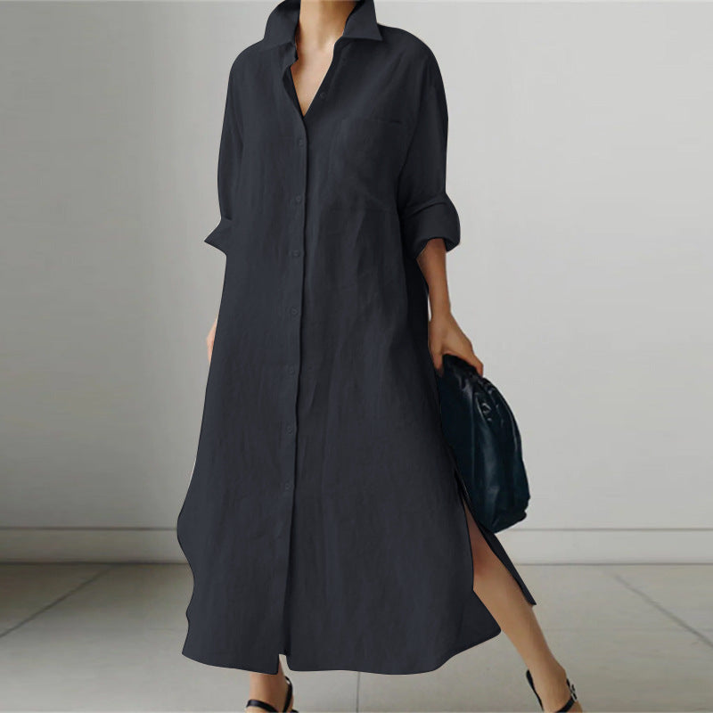 Women's Long Sleeve Split Casual Linen Maxi Dress