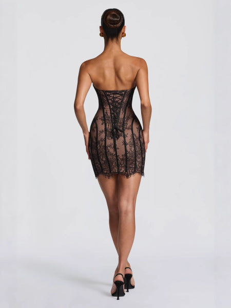 Women's Lace Mini Dress Strapless Corset Bodycon Sweetheart Party
