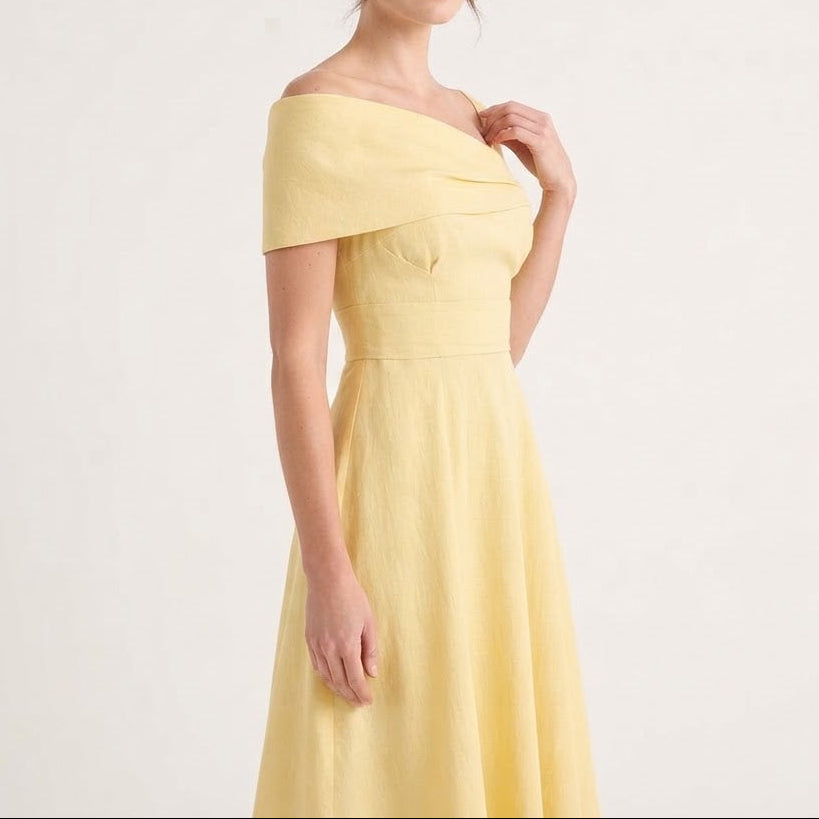 Women's Off Shoulder Midi Dress Fit and Flare Pleated Skirt Elegant