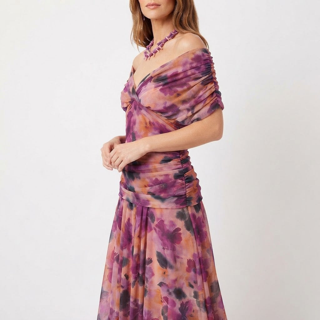 Women's Floral Midi Dress Off Shoulder Ruched Bodice Chiffon Formal