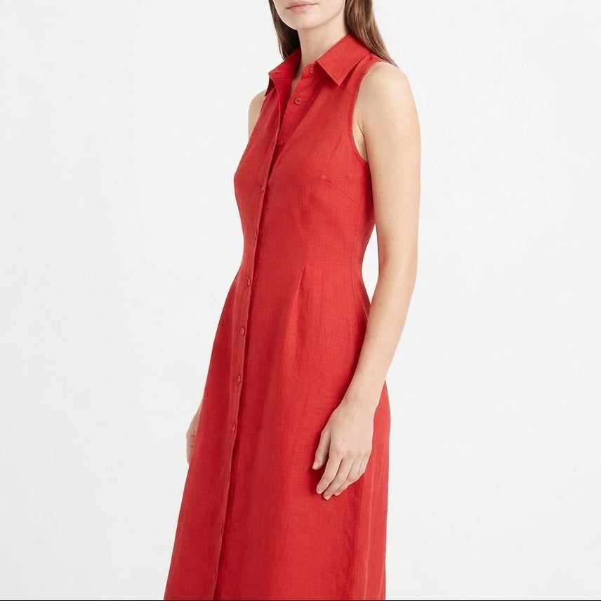 Women's Linen Maxi Dress Sleeveless Button Down Collared Pockets