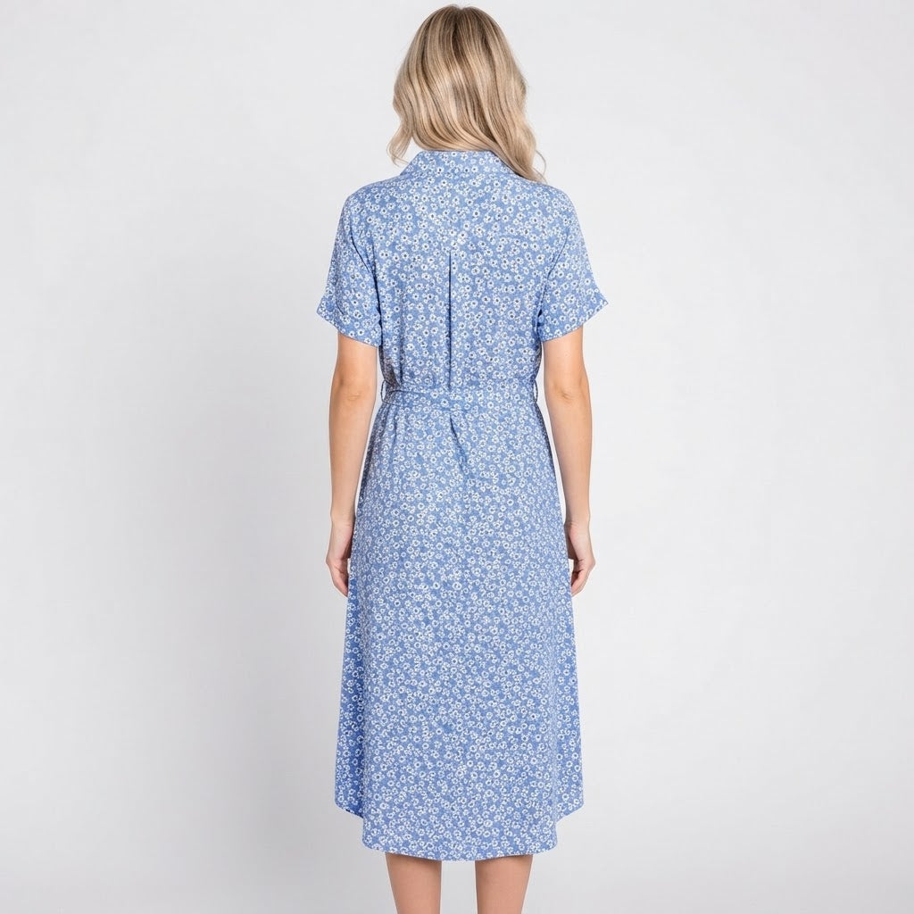 Women's Floral Shirt Dress Button Front Short Sleeve Tie Waist Midi