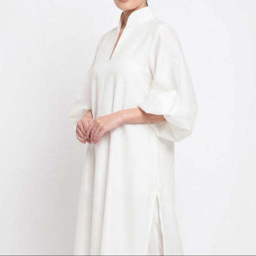 Women's Midi Shirt Dress Puff Sleeve Stand Collar Oversized Kaftan