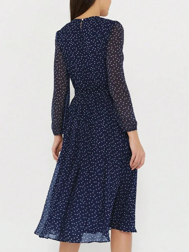 Women's Polka Dot Midi Dress Long Sleeve Chiffon Belted A Line