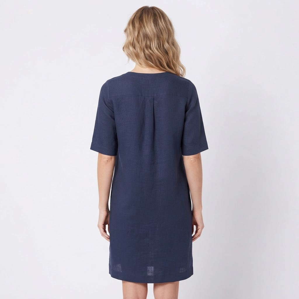 Women's Linen Shift Dress Half Sleeve Notch Neck Pockets Midi