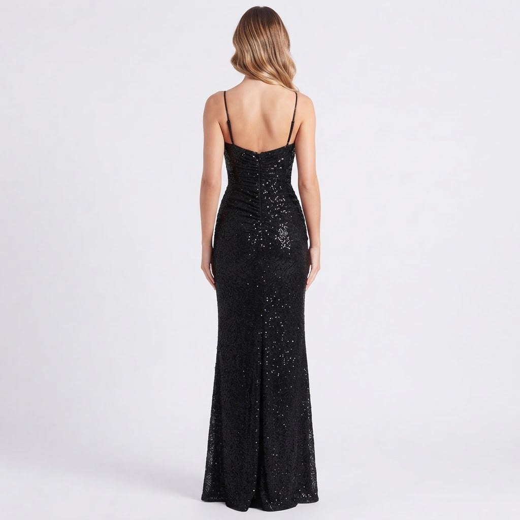Women's Sequin Corset Maxi Dress Thigh Split Formal Evening Gown