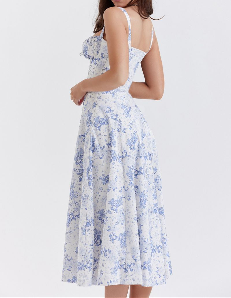 Women's Floral Midi Dress Bustier Corset Bodice Sweetheart Summer