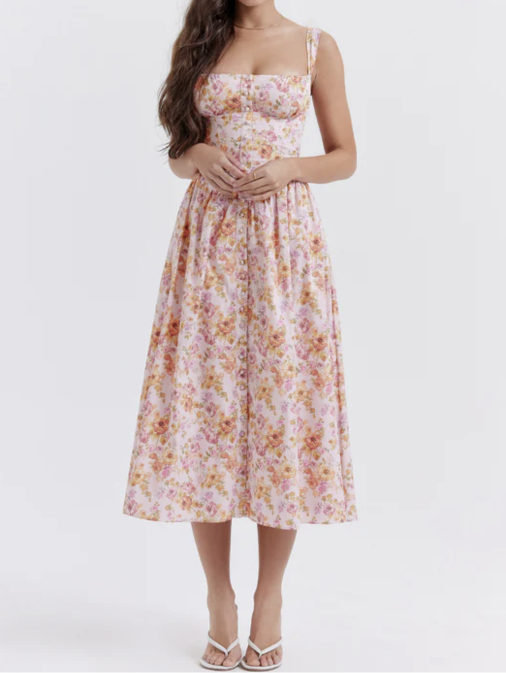 Women's Floral Midi Dress Bustier Corset Bodice Sweetheart Summer