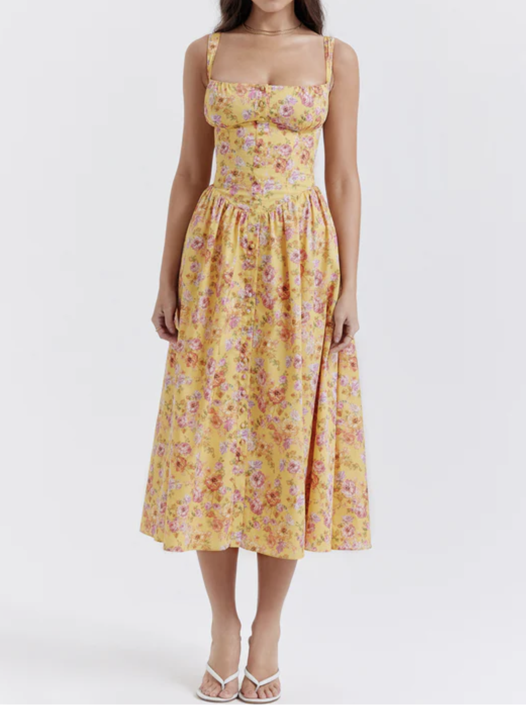 Women's Floral Midi Dress Bustier Corset Bodice Sweetheart Summer