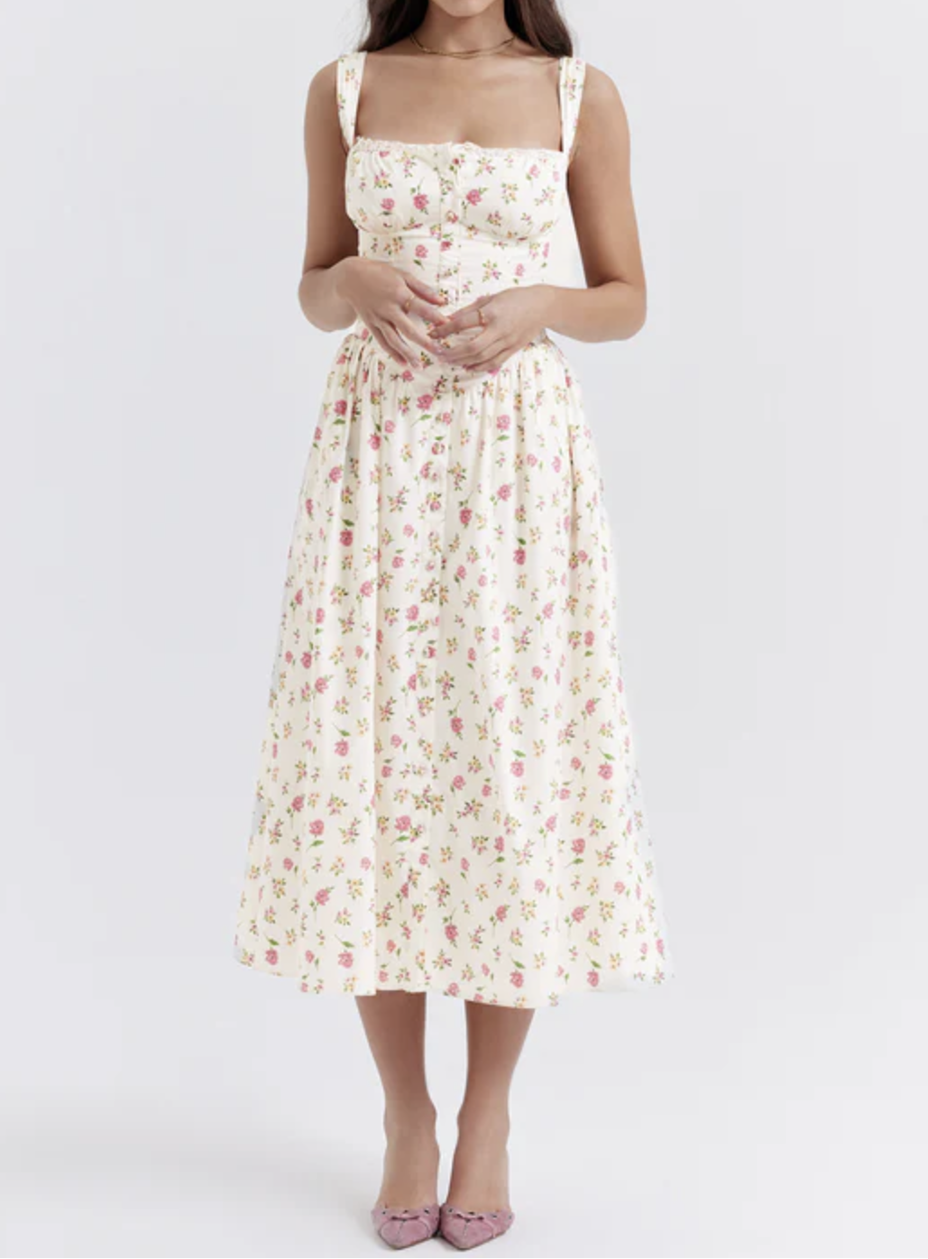 Women's Floral Midi Dress Bustier Corset Bodice Sweetheart Summer