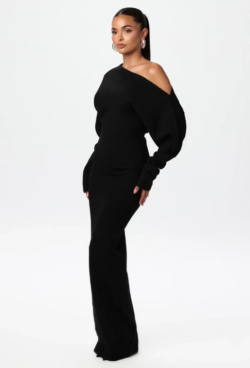 Women's Off Shoulder Balloon Sleeve Knit Maxi Dress