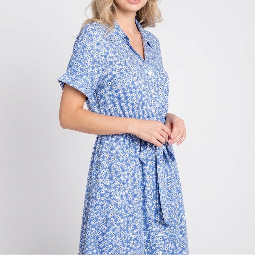Women's Floral Shirt Dress Button Front Short Sleeve Tie Waist Midi