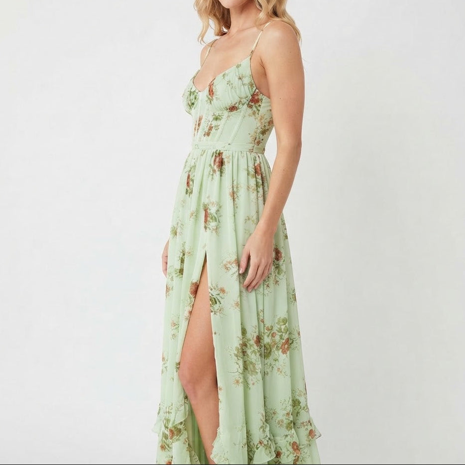 Women's Floral Maxi Dress Corset Bodice Front Split Chiffon Summer
