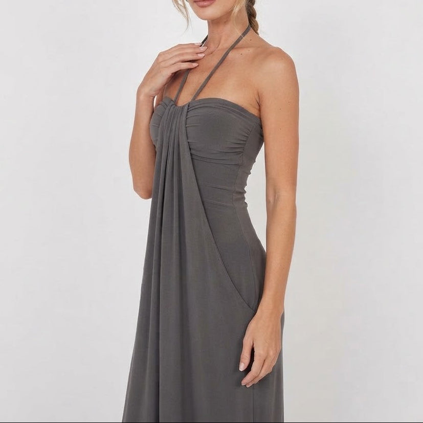 Women's Halter Neck Ruched Draped Maxi Dress