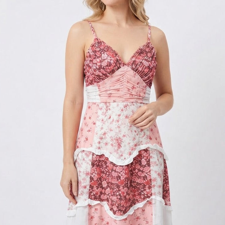 Women's Floral Midi Dress Tiered Skirt Ruched Bodice Boho Summer