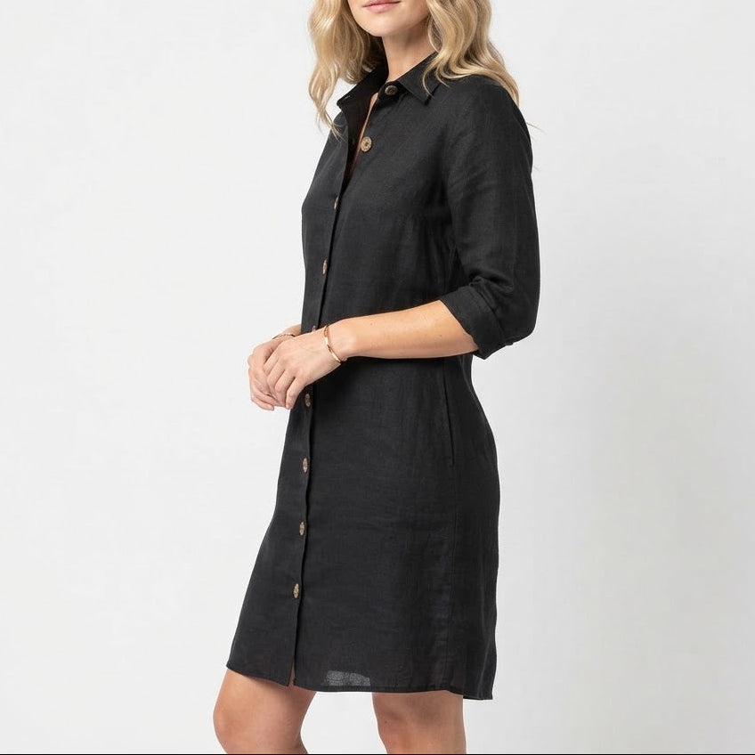 Women's Linen Shirt Dress Button Down Collared Roll Sleeve Midi