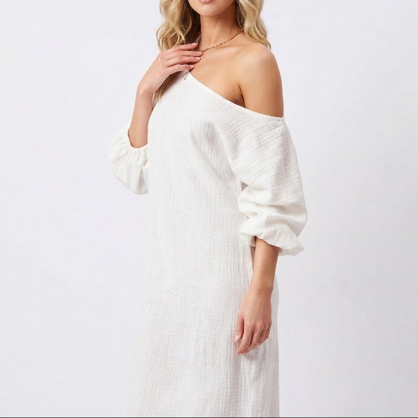 Women's Linen Maxi Dress One Shoulder Batwing Sleeve Oversized